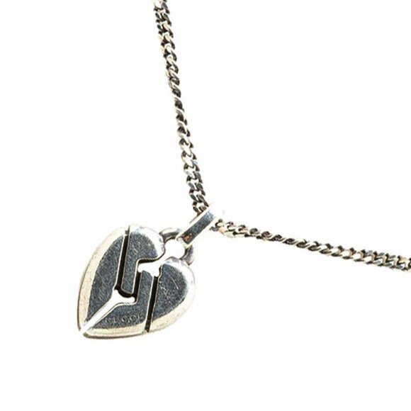 GUCCI Logo Heart Pendant Necklace 17" Silver 925 Auth #12940 - Picture 1 of 5